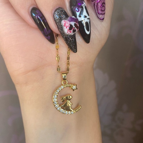 Necklace with bunny on moon and zircon new with steel chain