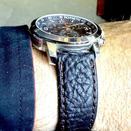 Tissot PRC 200 chronograph watch, black dial, leather strap