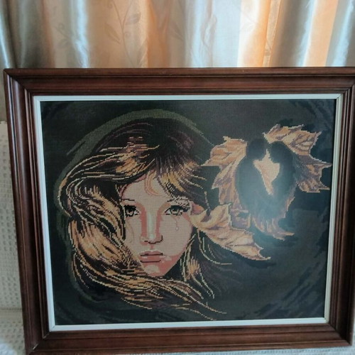 Hand-Embroidered Textile Painting 75x64 cm like new