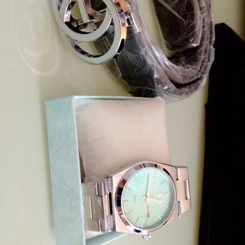 Luxury watch and leather belt set, new stainless steel