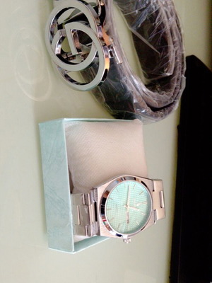 Luxury watch and leather belt set, new stainless steel
