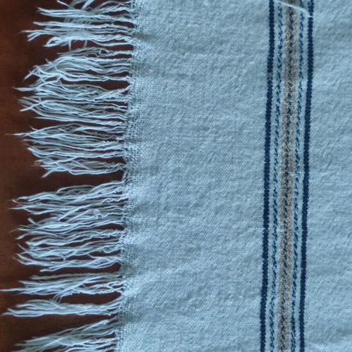 Handwoven cotton table runner new, beige with blue and beige stripes