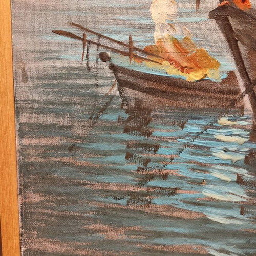 Oil painting used on canvas with seascape and fishing boats