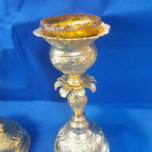 Set of gilded altar candles new for holy table
