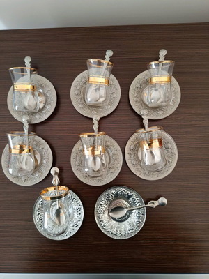 Glass tea glasses used, set of 6 with gilded decoration