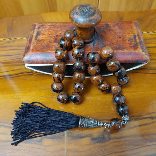 Worry beads 21+4 beads brown obsidian with metal elements and black tassel new