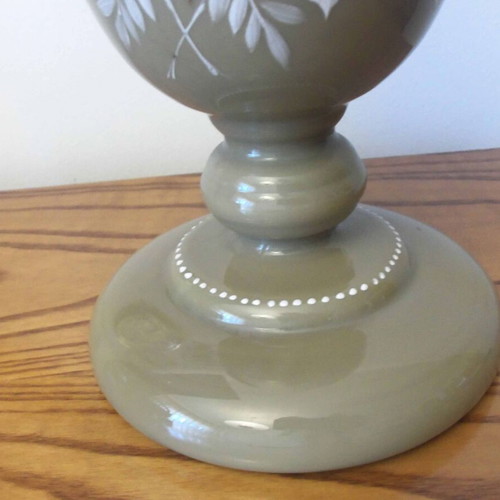 Oil lamp opaline with hand painting, used, 33 cm height