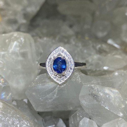 Handmade silver ring with natural blue sapphire and moissanites, size 10