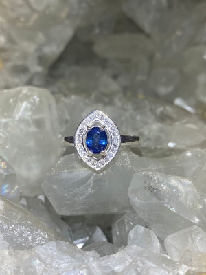 Handmade silver ring with natural blue sapphire and moissanites, size 10