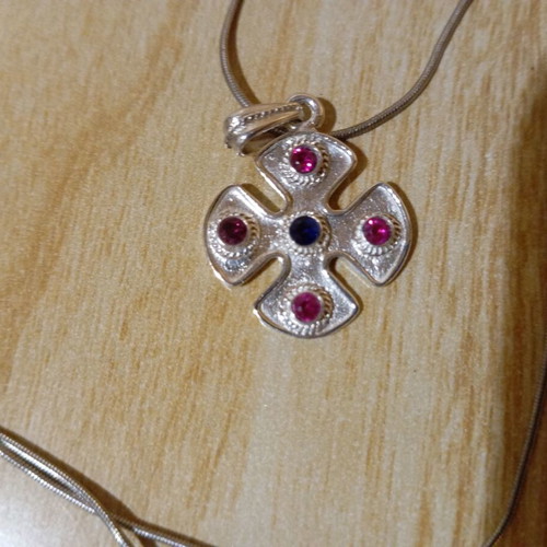 Silver cross and chain set 925, Byzantine style with red and blue stones