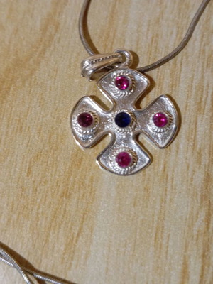 Silver cross and chain set 925, Byzantine style with red and blue stones