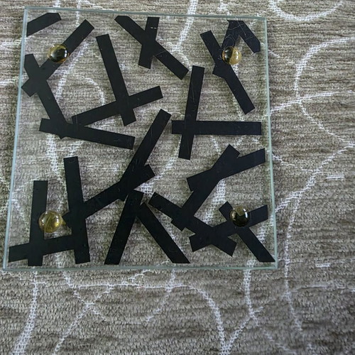 Glass coasters with beautiful designs on wooden base like new