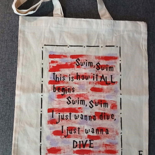 Hand-painted canvas tote bag with BTS Swim lyrics