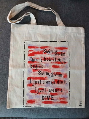 Hand-painted canvas tote bag with BTS Swim lyrics