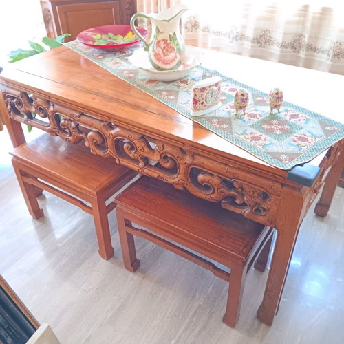 Indonesian carved dining table used with 6 stools