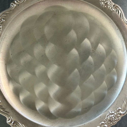 Vintage serving tray used, silver color with carved baroque design