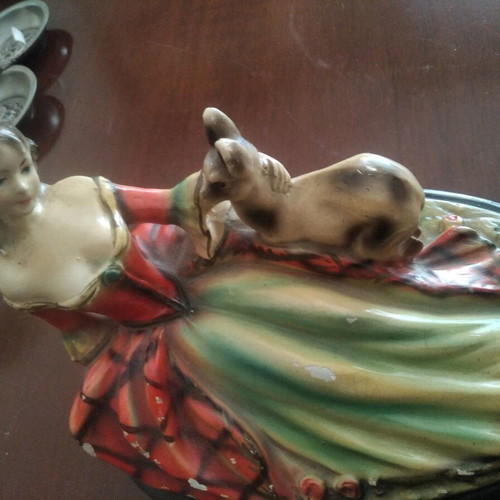 Antique Art deco chalk figurine used, girl with deer