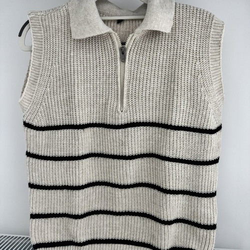 Knitted sleeveless vest with zipper and stripes size S like new, beige and black