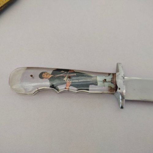 Traditional Cretan decorative souvenir knife with engraved mantinada on blade