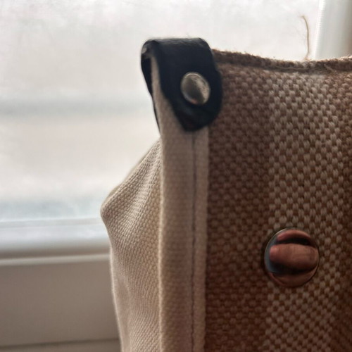 La Carrie large tote bag used, beige striped canvas with leather handles