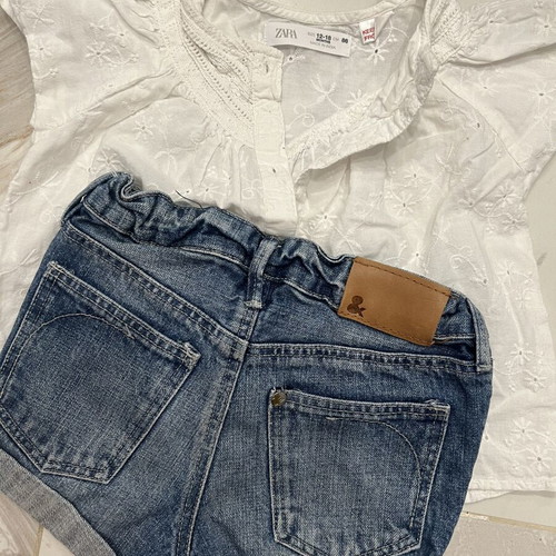 Zara embroidered shirt and H&M denim shorts like new 12-18m