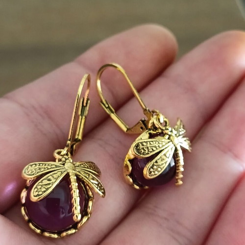 Retro women's stainless steel earrings with purple glass stone new