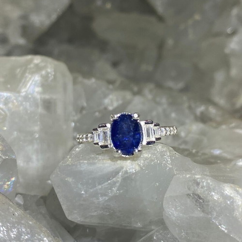 Handmade silver ring with natural blue sapphire and moissanites, size 17mm