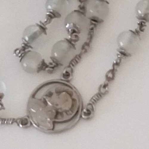 Vintage handmade white rosary with opaline beads and silver details