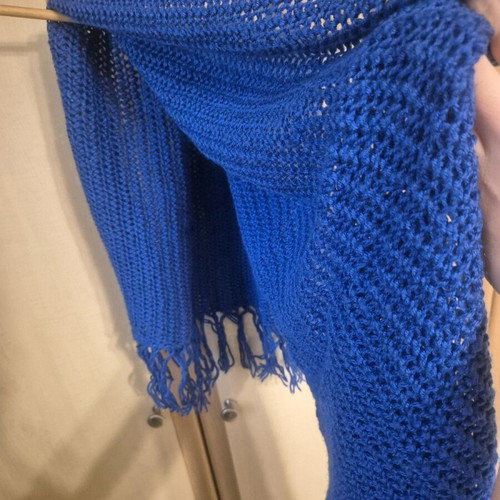 Large Handmade Knit Shawl Scarf with Fringes Blue New
