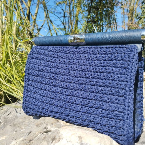 Knitted envelope bag new, blue with leather details