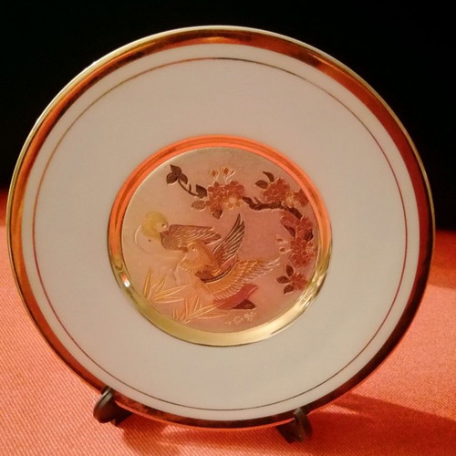 Chokin decorative plate with 24k gold relief, Japanese nature motifs