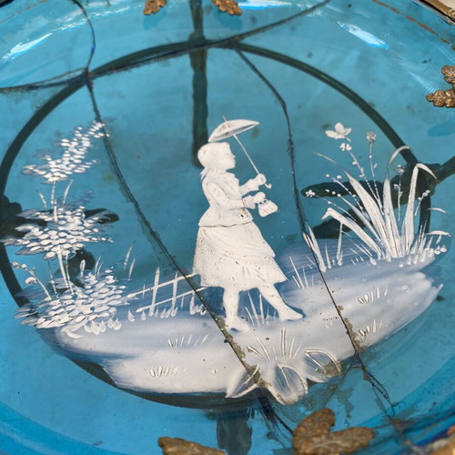 Jardiniere decorative bowl used, Victorian blue glass with Mary Gregory painting