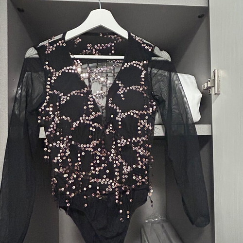 Women's black lace evening sequined bodysuit top size S-M new