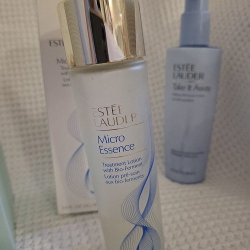 Estée Lauder cosmetic jars with Micro Essence lotion used set