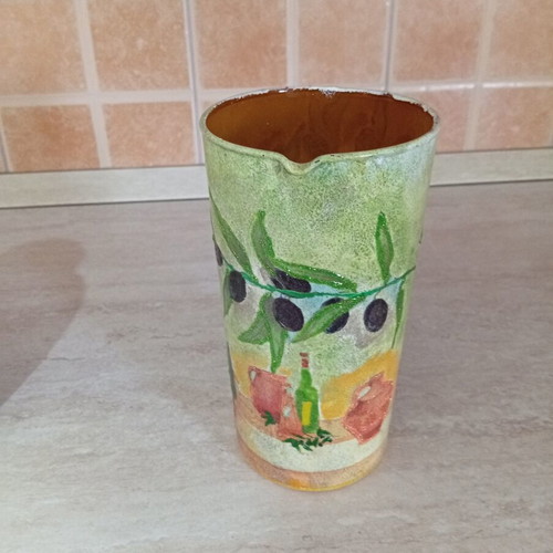 Handmade decoupage glass pitcher with olive design