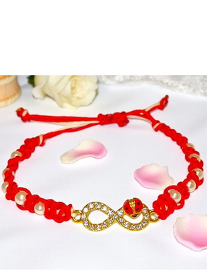 Handmade macrame bracelet new with infinity, ladybug, zircon, white pearls and red cotton thread
