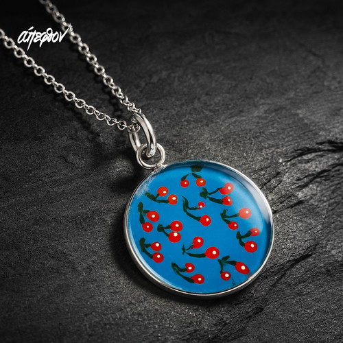 Bleu Cerise Necklace new, hand-painted cherries on blue background