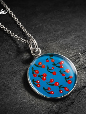 Bleu Cerise Necklace new, hand-painted cherries on blue background