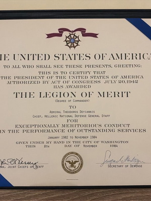 Δίπλωμα Απονομής Legion of Merit βαθμού Commander για Ναύαρχο Θεόδωρο Ντεγιάννη