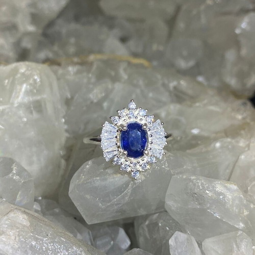 Handmade silver ring with natural blue sapphire and moissanites, new