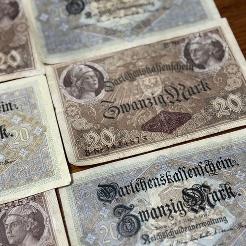 20 Mark 1914 banknotes, lot of 9