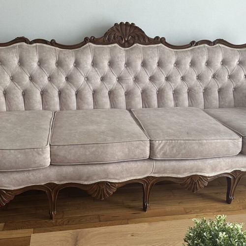 Carved living room set used, handmade with sofa and chairs