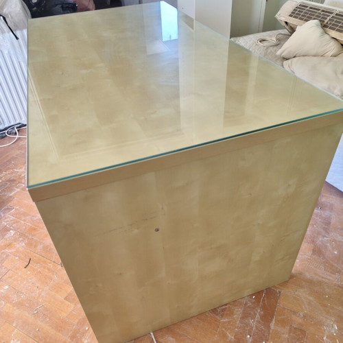 Wooden desk with glass top used, large and comfortable