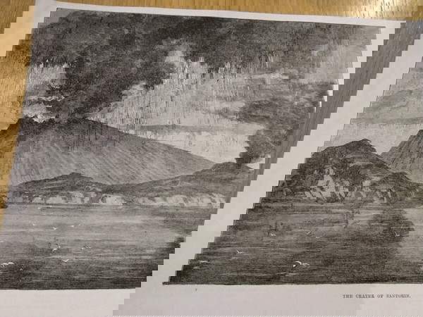 1870 έκρηξη ηφαιστείου στην Σαντορίνη ξυλογραφία 26x16cm