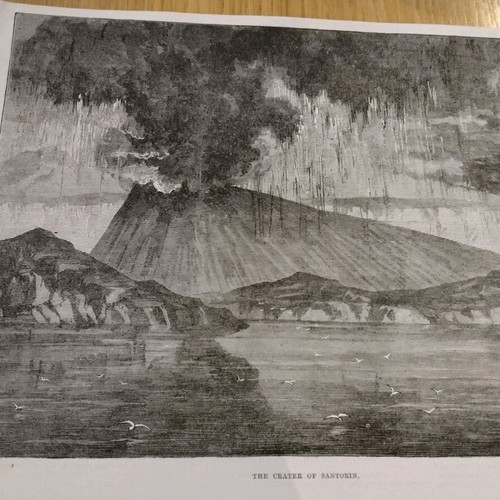 Volcano eruption in Santorini 1870 woodcut used 26x16cm