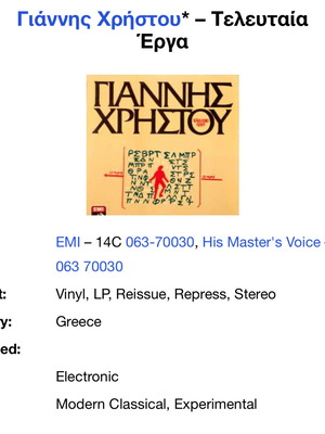 Giannis Christou Teleftaia Erga vinyl like new
