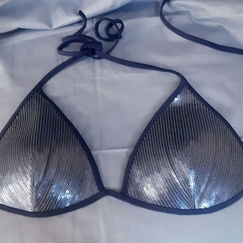 Glamour Zara Ousho Medium bikini top new, silver and dark blue with sequins