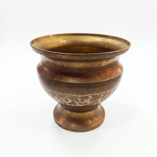 Vintage brass decorative vase with engraved motifs and enamel
