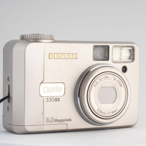 Pentax Optio 330GS 3.2MP vintage digital camera used with flip-up screen