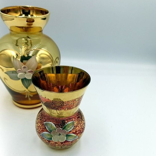 Set of 2 vintage hand-painted Bohemian Czech glass jars like new